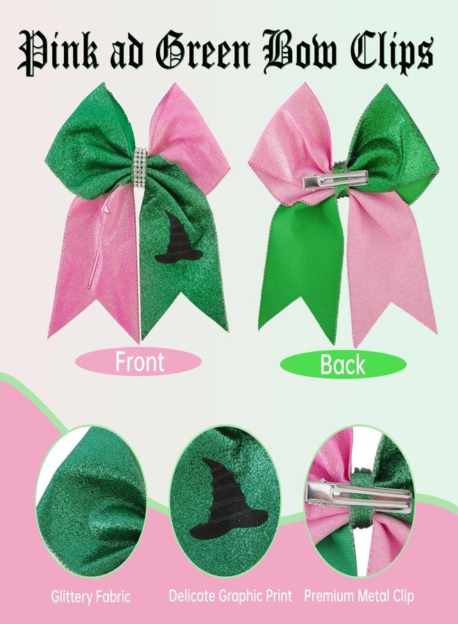 CUBACO 4Pcs Wicked Friendship Hair Accessories Matching Wicked Bracelets Set Pink and Green Hair Bows for Women Rhinestone Jewelry Bracelets Musical Movie Fans Decor Birthday Party Favor Supplies - Image 4